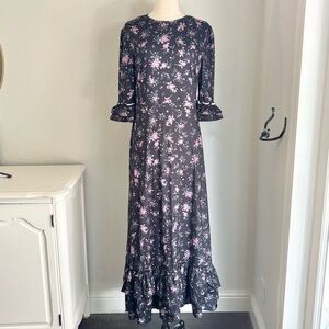 Ditsy Floral Print Ruffle Tiered Maxi Dress 3/4 bell Sleeve Cottagecore Prairie